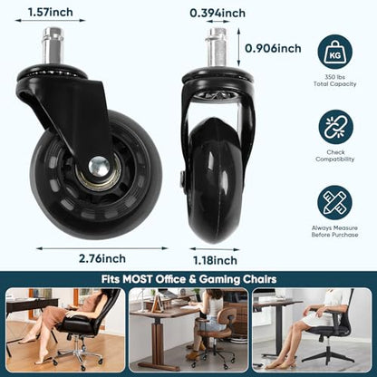 2.5 Inch Office Chair Wheels Set of 5, Replacement Casters for Hardwood Floors, Carpet & Tile - Universal Fit, Quiet & Safe Rolling, Easy to Install for Most Office and Gaming Chairs