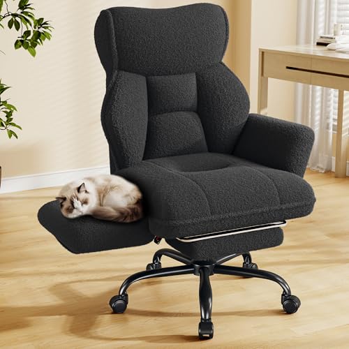 DurayLoly Big and Tall Office Chair with Footrest & Adjustable Armrests | 145° Reclining Backrest, Soft Teddy Fleece, Height Adjustable & 360° Swivel for Home Office, Bedroom - Black - color: Black