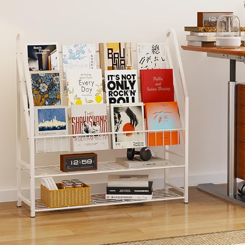 Arbuxzuy Magazine Rack Small Metal for Storage Freestanding 11.8" D x 32.3" W x 38.2" H, Sofa Height Short Book Shelf for Display and Storage, Ladder Bookcase for Home Office, White - color: White, size: Large