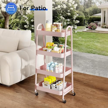 NEWBULIG 4-Tier Metal Rolling Storage Utility Cart with Lockable Wheels - color: Pink, size: 4 Tier