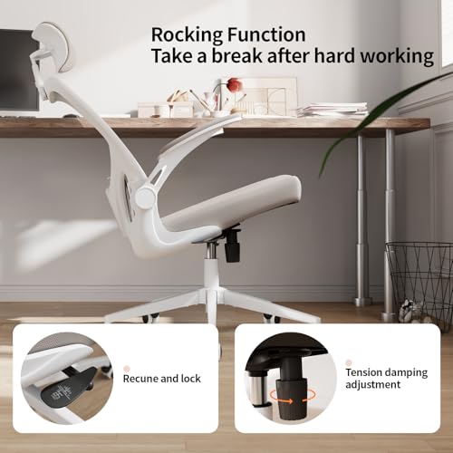 Office Chair Ergonomic Desk Chair with Lumbar Support&Headrest&Flip-up Arms Height Adjustable Rocking Swivel High Computer Chair Multi-Angle from 90° to 125° with 350LBS Capacity(White+Khaki-2) - color: White+khaki-2
