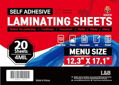 VIOLETTO 4mil Self-Adhesive Laminating Sheets 20 Pack, Menu Size, 12.3x17.1 Inches, No Machine Needed - size: Menu Size 20Pack