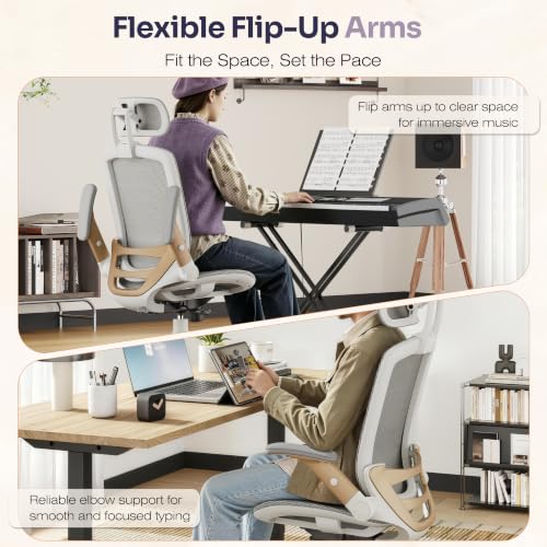 GABRYLLY Ergonomic Office Chair, High Back Home Desk Chair with 2D Flip-Up Arms, 3D Headrest, 90-120° Tilt and Wide Cushion, Big and Tall Mesh Chairs for Man Woman, White Computer Task Chair - color: White Frame White Mesh