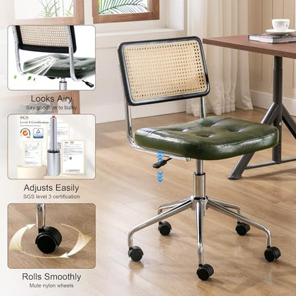 Zesthouse Leather Office Desk Chair with Wheels, Mid Century Rolling Desk Chair with Natural Rattan Back, Modern Swivel Home Office Chair, Small Height Adjustable Computer Task Chair, Green - color: Green, size: Armless