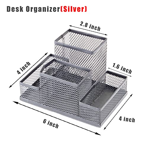 Desk Organizer Desktop Mesh Pen Pencil Holder Caddy with 4 Compartments, Office Home School Classroom Accessories Cool Supplies (Silver) - color: Silver