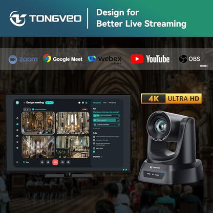 TONGVEO 4K AI PTZ Camera with Auto Tracking and 20X Optical Zoom, Conference Room Webcam with HDMI/USB3.0/LAN/PoE, Ideal for Church Worship, Zoom Meetings, Live Streaming and Education - color: Coal