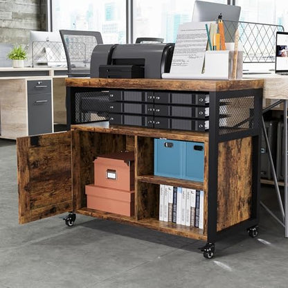 FUSUNBAO Farmhouse Printer Stand with Storage, Printer Table with Charge Station and Wheels, Rolling Printer Cabinet with Shelves, Printer Cart, and File Cabinet for Home Office Storage(Rustic Brown) - color: Rustic Brown