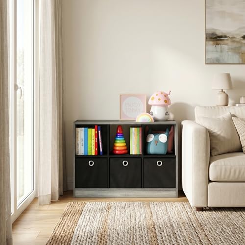 6-Cube Bookshelf with Storage Bins, Cube Bookcase, Book Shelf with Storage Bins, 11.9 x 31.6 x 23.6, for Organization and Storage, Home Office, Living Room, French Oak - color: French Oak/Black, size: 6 Cube