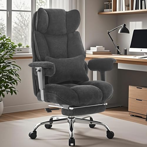 Efomao Executive Office Chair 400lbs, Black Fabric Big and Tall Desk Chair | Breathable fabric, pocket spring & foam seat, retractable footrest, 135° recline for computer gaming setup - color: 3084-black