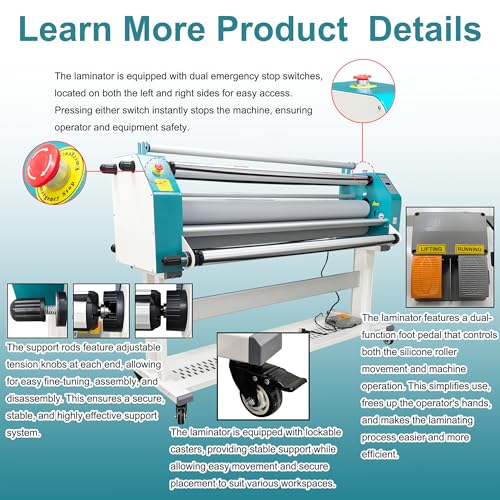 64" Full Automatic Pneumatic Laminating Machine, 110V Single Sided Laminator, 1.38" Max Thickness, Hot & Cold Roll Laminator with Foot Pedal & 4 Cutters, for Advertising, Printing, Packaging