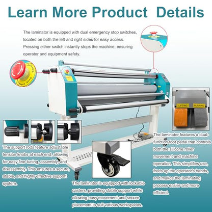 64" Full Automatic Pneumatic Laminating Machine, 110V Single Sided Laminator, 1.38" Max Thickness, Hot & Cold Roll Laminator with Foot Pedal & 4 Cutters, for Advertising, Printing, Packaging
