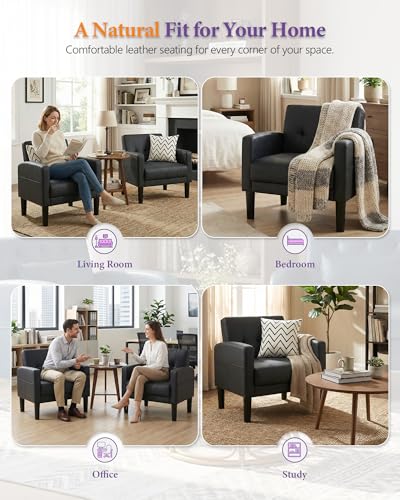 Black Leather Accent Chairs, Upholstered Tufted Armchairs for Living Room - color: Black, size: 30.9inch-2