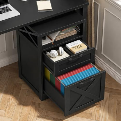 Vabches Office Filing Vertical Cabinet with 2 Drawers, Black | Farmhouse Filing Cabinet with Open Storage Space and Printer Stand for Hanging Files Letter/A4 for Home Office. - color: Black, style: Vertical
