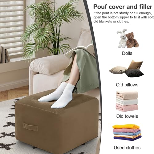 MeMoreCool Square Stuffed Pouf Ottoman Foot Rest, Floor Pouf Foot Stool with Foam Chunk Filling, Soft Stuffed Ottoman Footrest for Living Room, Light Coffee - color: Striped Light Coffee
