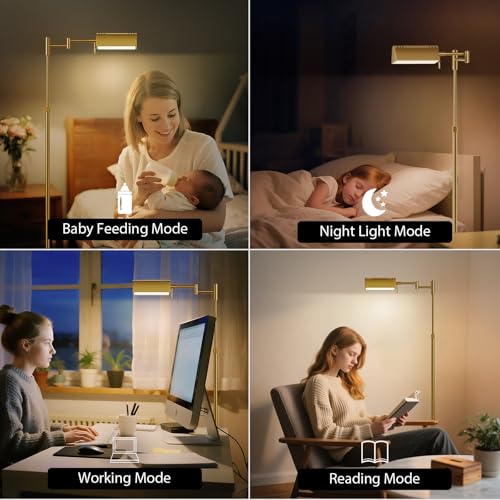 SUNMORY Dimmable LED Pharmacy Floor Lamps, 16W/1500LM Bright Reading Lamp | Remote Touch Control, 350°Swing Arm, Adjustable Height, Task Craft Tall Standing Light for Living Room Bedroom Office, Gold - color: Gold