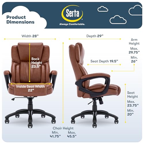 Serta Ergonomic Executive Office Chair with Lumbar Support, Leather Chair | Garret, Back Pain Relief, Foam Seat Cushion, Padded Arms, Adjustable Height and Reclining, Office Chair with Wheels, Cognac - color: Cognac