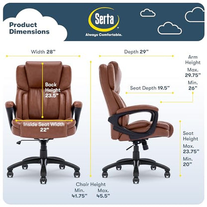Serta Ergonomic Executive Office Chair with Lumbar Support, Leather Chair | Garret, Back Pain Relief, Foam Seat Cushion, Padded Arms, Adjustable Height and Reclining, Office Chair with Wheels, Cognac - color: Cognac