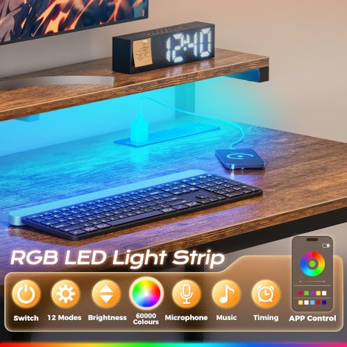 PRAISUN 47.2 Inch Gaming Desk with LED Lights & Power Outlets - color: Rustic Brown, size: 47.2 Inch