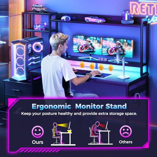 Casaottima 48 Inch Gaming Desk with Shelves & Hutch & 3 Drawers & LED Light | Reversible PC Desk with Tower Stand & Power Outlets, Computer Desk for Home Office, Carbon Fiber Black - size: 48 inch