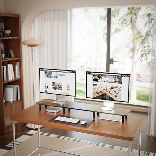 43.7" Extra Long Dual Monitor Stand Riser, Wood & Steel Monitor Stand for 2 Monitors, Wide TV Stand, Desktop Riser for Desk Organization, Home Office、Laptop,Printer,TV (Vintage black) - color: Vintage black