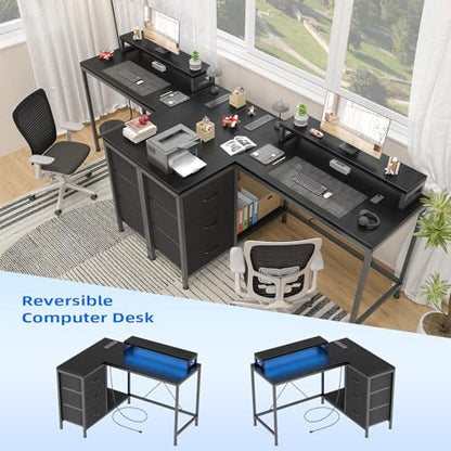 Patikuin L Shaped Desk with Power Outlets & LED Lights, Computer Desk with Drawers & Shelves, Corner Desk Gaming Desk Home Office Desk, Black - color: Black