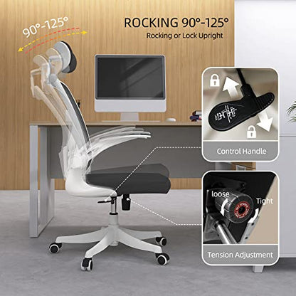 Monhey Office Chair, Ergonomic Office Chair with Lumbar Support & 3D Headrest & Flip Up Arms Home Office Desk Chairs Rockable Computer Chair Multi-Angle from 90° to 130° with 350LBS CapacityChair - color: 02white+black