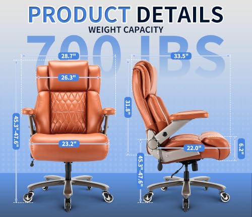 Big and Tall 700lbs Office Chair - Adjustable Lumbar Support 3D Flip Arms Heavy Duty Metal Base&Wheels, High Back Large Executive Computer Desk Chair, Thick Padded Ergonomic Design for Back Pain - color: Gold Brown