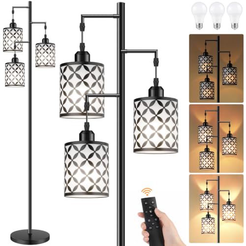 72" Dimmable Floor Lamp with Remote & Timer, Industrial Farmhouse Rustic Standing Lamp for Living Room Bedroom, 3 Individually Controlled Heads, 2 Height Options, 3 x LED Bulbs Included - color: Black (Remote-800LM), size: 72"