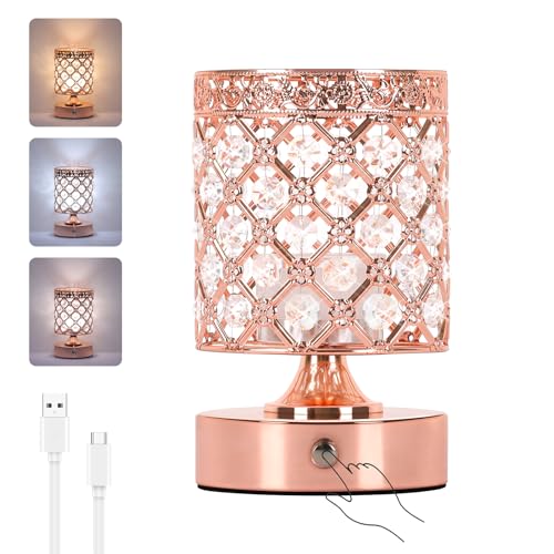 TOBUSA Crystal Cordless Table Lamp Rechargeable, Portable 6000mAh Battery Operated Lamp with 3 Color Temps & Stepless Dimming, Bedside Touch Small Desk Lamp, Rose Gold LED Night Light for Bedroom Bar - color: Rose Gold