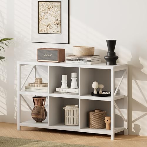 6 Cube Storage Organizer Bookshelf, Industrial Horizontal Bookcase, Accent Cubby Shelf, Media Console Table for Living Room, Home Office, 13.6" D x 47.2" W x 30.9" H, White - color: White, size: 6 Cube- 2 Tier