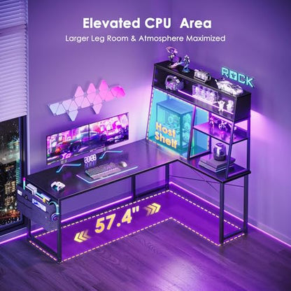 AODK 59 Inch L Shaped Gaming Desk with Display Shelves, LED Lights, Black - size: 59 Inch