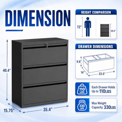 3 Drawer File Cabinet with Lock, Metal File Cabinet, Black - color: Black, size: 40.4"H - 3 Drawer