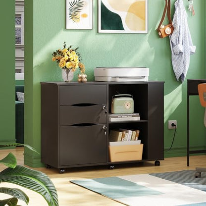 DEVAISE File Cabinet with Lock, 3 Drawer Rolling Mobile Lateral Filing Cabinets with Charging Station Printer Stand with Open Storage Shelves Fits A4 or Letter Size for Home Office Black