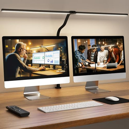 LED Desk Lamp for Home Office, 24W Computer Desk Light with Remote Control, Bright Table Lamp with Clamp Dimmable Tall Desktop Lighting with Bendable Gooseneck, Double Head, Black - color: Black with Clamp