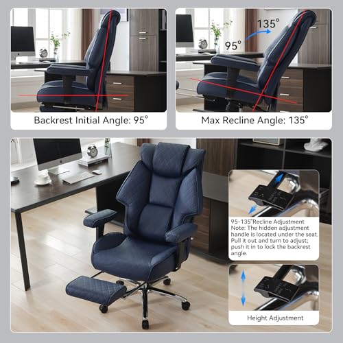 EXCEBET 400lbs Big and Tall Executive Office Chair, Blue PU Leather | Retractable footrest, 135° recline, Lumbar support, Ergonomic high back, Heavy-duty design, Thick cushion, Padded armrests - color: Navy Blue