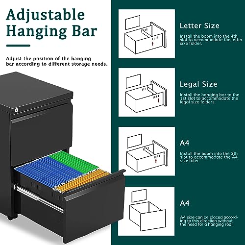2 Drawer Mobile File Cabinet with Lock,Rolling File Cabinet, Under Desk Mobile Filing Cabinet,File Cabinets for Home Office,Storage 2 Drawer Mobil Filing Cabinet for A4/Legal/Letter,Balck - color: Black, style: 2A