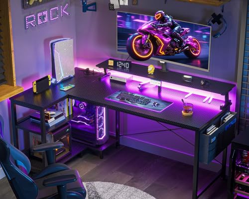 ODK 48 Inch L Shaped Gaming Desk with LED Lights, Power Outlets, Black - size: 48 Inch