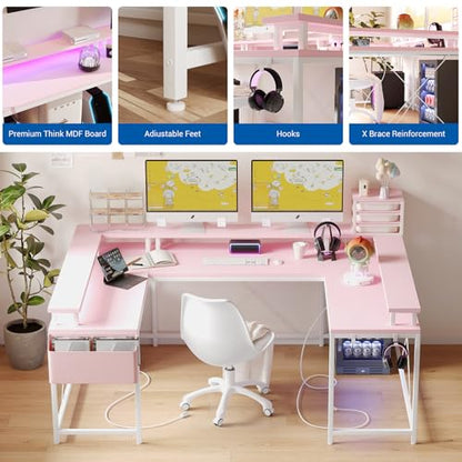 IDEALHOUSE U Shaped Home Office Desk, Reversible L Shaped Gaming Computer Desk with Power Outlets,126 Inch Computer Desk with Monitor Stand and LED Lights,Storage Shelves,Storage Bag and Hooks（Pink） - color: Pink