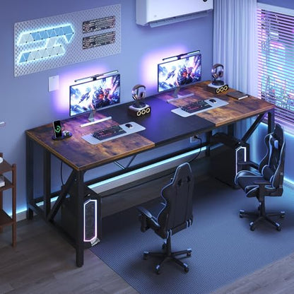 YATINEY 70.9" Computer Desk with Power Outlets, Gaming Desk, Large Office Executive Desk Workstation, Business Furniture for Home Office, Study, Rustic Brown and Black DN18UBR