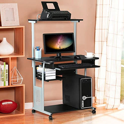 Yaheetech Small Rolling Computer Desk with Hutch and Storage Shelves, Black - color: Black