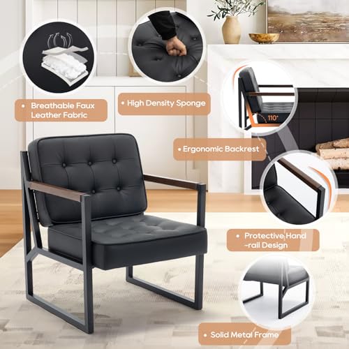 COLAMY Mid Century Modern Accent Chair Set of 2, Comfy Living Room Chair, Black Leather Accent Chair, Faux Leather Reception Armchair with Metal Legs for Living Room Bedroom Reception Office, Black - color: Black, size: Set of 2