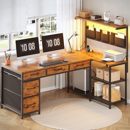 SEDETA 47.2" Reversible L Shaped Office Desk with Drawers, Hutch, Shelves | L Shaped Computer Desk with 5 Fabric Drawers, Storage, Power Outlet and LED Lights for Home Office, Rustic Brown - color: Rustic Brown