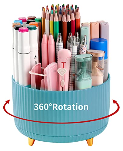 Desk Pencil Pen Holder, 5 Slots 360°Degree Rotating Organizers for, Desktop Storage Stationery Supplies Organizer, Cute Cup Pot Office, School, Home, Art Supply, Blue - color: Blue