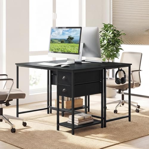 GIANTEX Computer Desk with Charging Station, 38" Home Office Desk w/ 2 Fabric Drawers, Storage Shelf & Headphone Hook, Industrial Study Work PC Table, Writing Desk for Small Spaces (Black) - color: Black