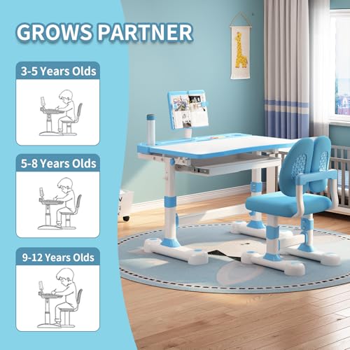Kids Adjustable Desk and Chair Set 3-12, Children School Study Desk-11BLUE | Height Adjustable | 50° Tilt Desktop | Book Stand & Metal Hook & Storage Drawer | Writing Drawing Table for Boys and Girls - color: 110-blue-27.5in