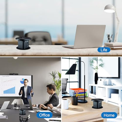 9-in-1 Pop-Up Outlet with Wireless Charging for Kitchen & Office | 9-in-1: 4 AC + 4 USB + wireless charging. 2500W, 100-240V. 4-1/8" cutout. Hidden hub for kitchen, office, conference table - color: Black