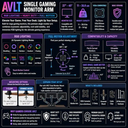 AVLT Single 27”-45” RGB Gaming Monitor Arm Desk Mount -Black | Built-in 20 Lighting Modes Touch Button Control Fits Flat/Curved/Ultrawide Screen Height Swivel Tilt Rotation Adjustable - color: Black - Single