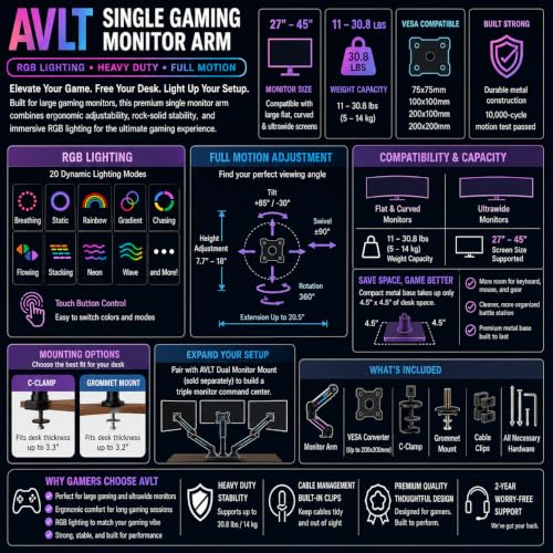 AVLT Single 27”-45” RGB Gaming Monitor Arm Desk Mount -Black | Built-in 20 Lighting Modes Touch Button Control Fits Flat/Curved/Ultrawide Screen Height Swivel Tilt Rotation Adjustable - color: Black - Single