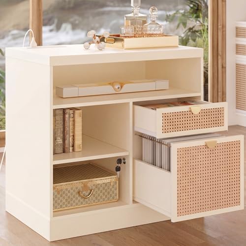2 Drawers Storage File Cabinet with Lock & Outlet, 31.5W*29.4H | Wood Filing Cabinet for Home Office with Storage Shelves, Printer Stand & Credenza, Fits A4/Letter Size, AC/USB, White Rattan