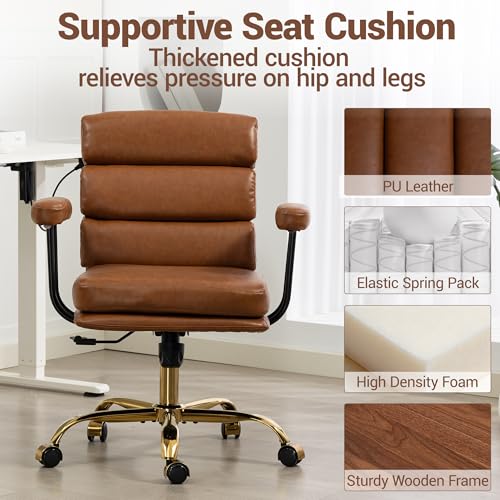 Faux Leather Home Office Desk Chair, Ergonomic Executive Computer Chair with Gold Base, Padded Seat and Armrests, Adjustable Height Swivel Makeup Vanity Chair with Wheels, Brown - color: Brown